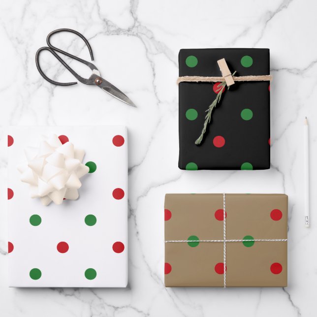 Christmas red white green black kraft polka dots  wrapping paper sheet (Front)