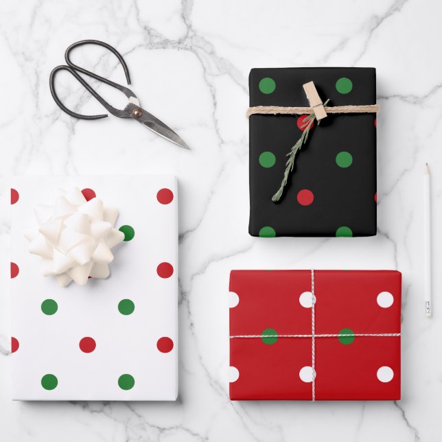 Christmas red white green black polka dots  wrapping paper sheet (Front)