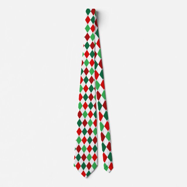 Christmas Red, White Green Diamond Argyle Pattern Tie (Front)