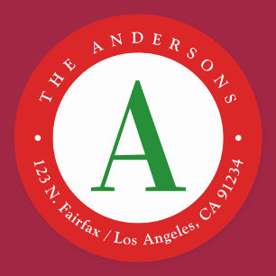Christmas Red White Green Monogram Return Address Classic Round Sticker