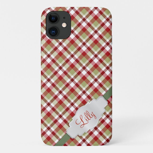 Christmas Red White Green Plaid With Monogram   Case-Mate iPhone Case (Back)