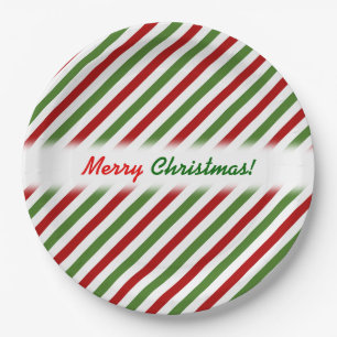 Christmas; Red, White & Green Striped Pattern Paper Plate