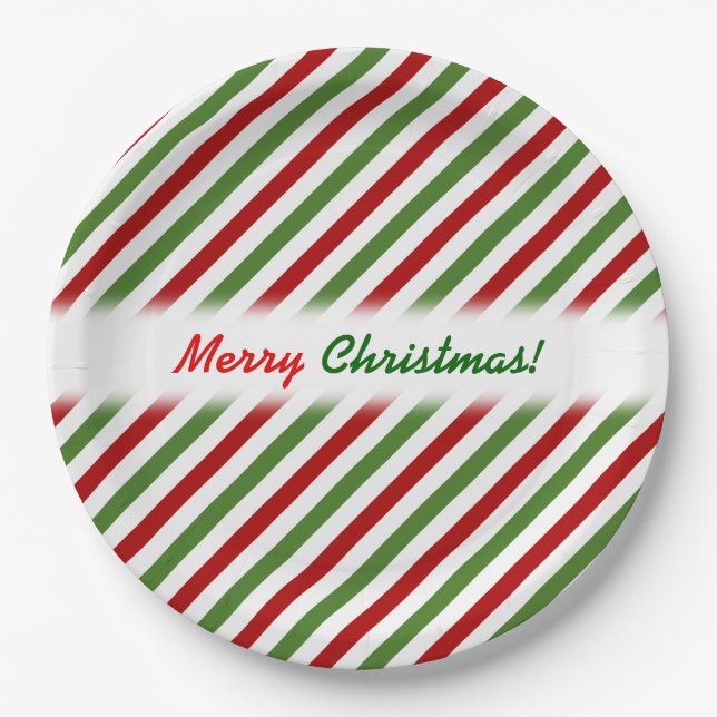Christmas; Red, White & Green Striped Pattern Paper Plate (Front)