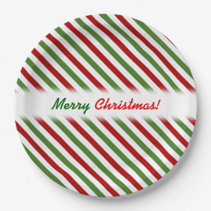 Christmas; Red, White & Green Striped Pattern Paper Plate