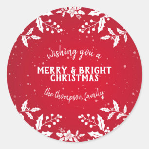 Christmas Red, White, Holly, Festive Classic Round Sticker