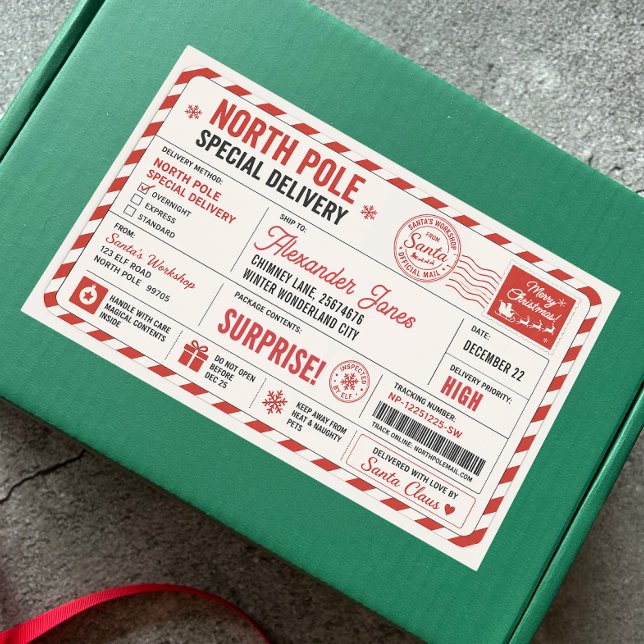 Christmas Red White North Pole Delivery From Santa Rectangular Sticker (Creator Uploaded)