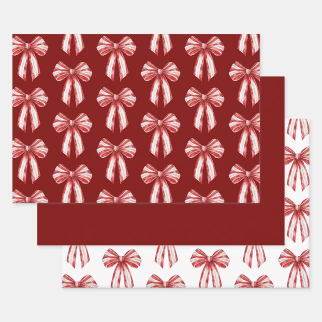 Christmas Red White Peppermint Bows Wrapping Paper Sheet (Set)