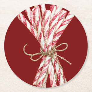 Christmas Red White Peppermint  Round Paper Coaster