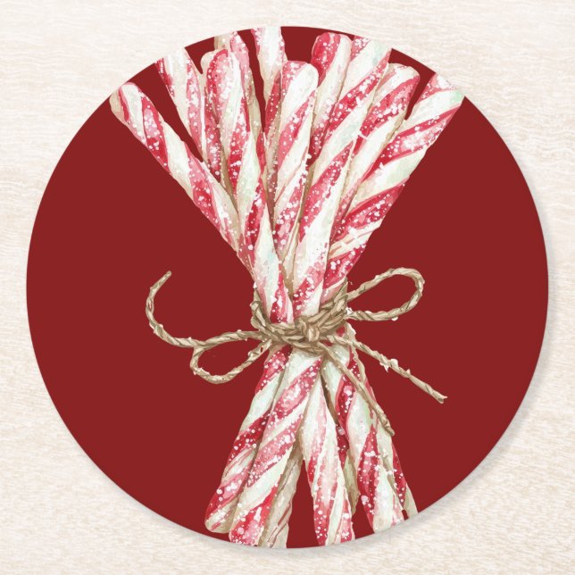 Christmas Red White Peppermint  Round Paper Coaster (Front)