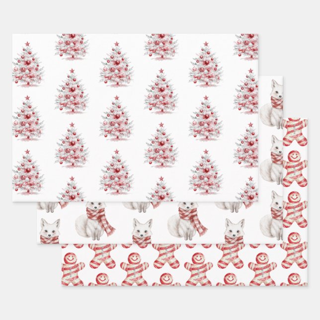 Christmas Red White Peppermint Trees Foxes Cookies Wrapping Paper Sheet (Set)