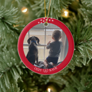Christmas Red White Personalised Child Pet Photo Ceramic Tree Decoration