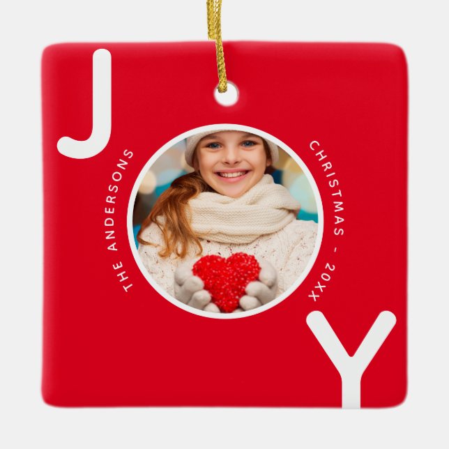 Christmas red white photo joy modern ceramic ornament (Front)