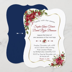 Christmas Red White Poinsettia Gold Navy Wedding Invitation