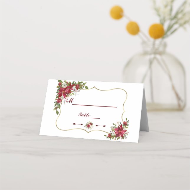 Christmas Red White Poinsettia Gold Table Number Place Card (Back)