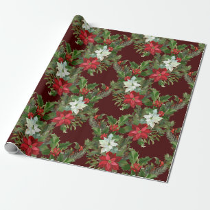 Christmas Red & White Poinsettia, Holly Berry   Wrapping Paper