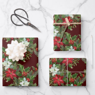 Christmas Red & White Poinsettia, Holly Berry  Wrapping Paper Sheet