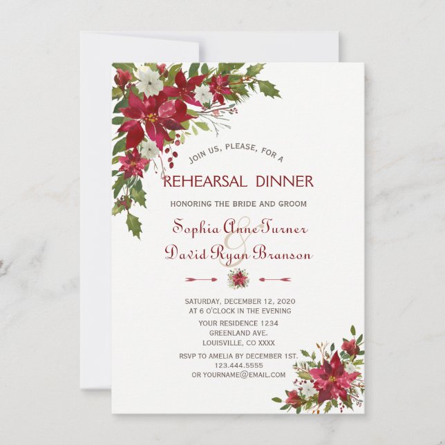 Christmas Red White Poinsettia Rehearsal Dinner Invitation (Front)
