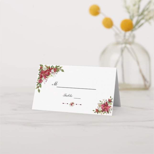 Christmas Red White Poinsettia Weddin Table Number Place Card (Front)