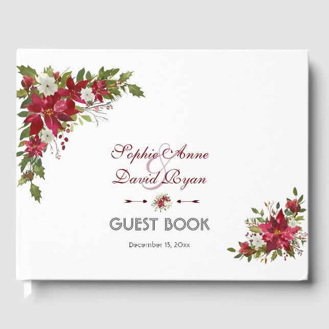Christmas Red White Poinsettia Wedding Guest Book (Front)