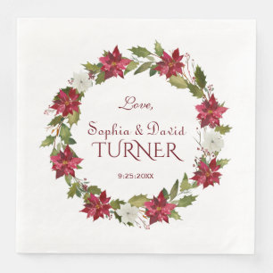 Christmas Red White Poinsettia Wreath Wedding Napkin