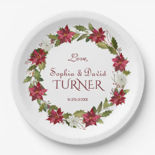 Christmas Red White Poinsettia Wreath Wedding Paper Plate