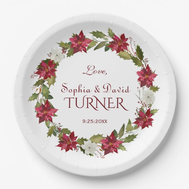 Christmas Red White Poinsettia Wreath Wedding Paper Plate (Front)