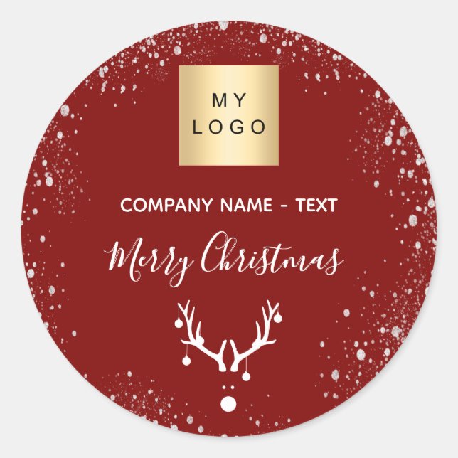 Christmas red white reindeer business logo  classic round sticker (Front)