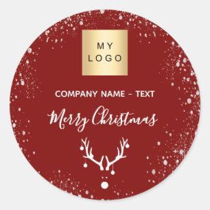 Christmas red white reindeer business logo classic round sticker