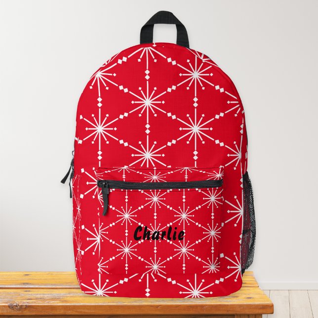 Christmas Red White Snowflake Patterned Modern Printed Backpack (A colorful personalized backpack, in bright red with festive snowflakes pattern
)