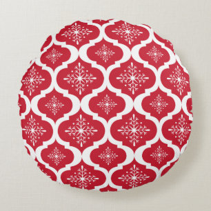 Christmas Red White Snowflakes Lattice Pattern Round Cushion