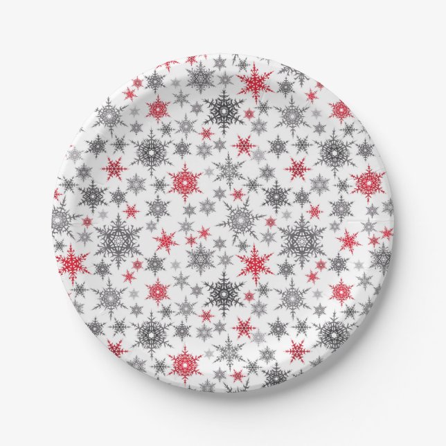 Christmas, red, white, snowflakes, winter, New yea Paper Plate (Front)