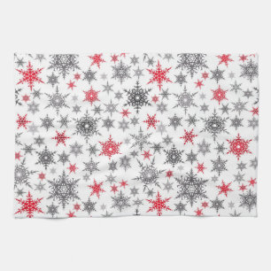 Christmas, red, white, snowflakes, winter, New yea Tea Towel