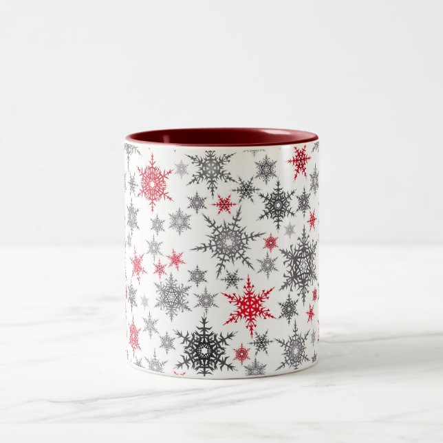 Christmas, red, white, snowflakes, winter, New yea Two-Tone Coffee Mug (Center)