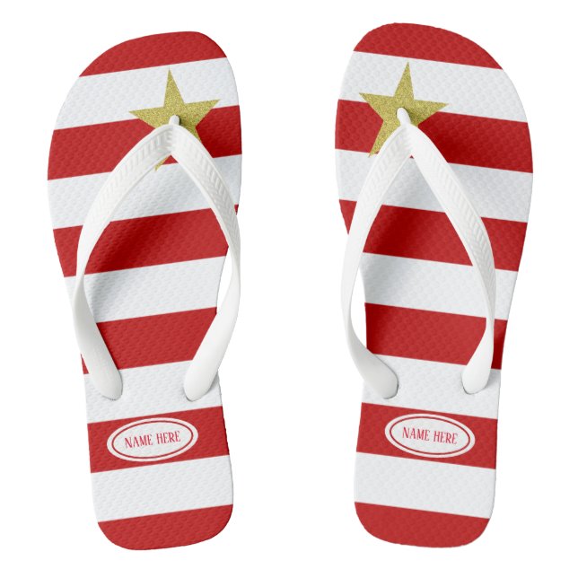 Christmas Red White Stripes Glitter Star Custom Flip Flops (Footbed)
