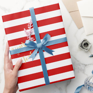 Christmas Red White Stripes Gold Text Holiday Xmas Wrapping Paper