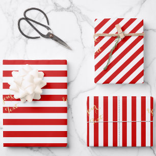 Christmas Red White Stripes Gold Text Holiday Xmas Wrapping Paper Sheet
