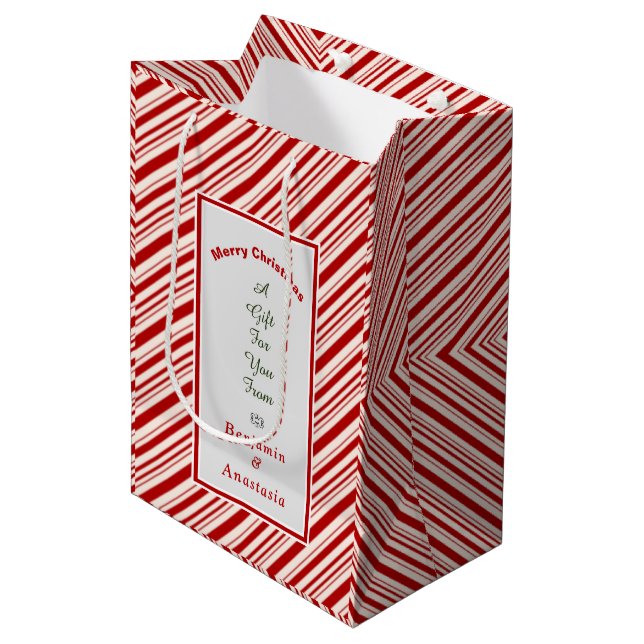 Christmas Red White Stripes Holidays Personalise Medium Gift Bag (Front Angled)