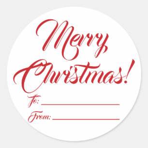 Christmas red white to from blank script elegant classic round sticker