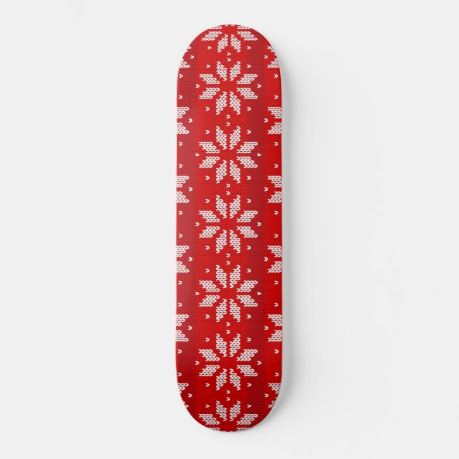 Christmas Red White Winter Holiday Knit Snowflakes Skateboard (Front)