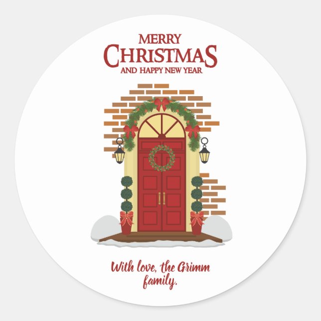 Christmas Red White wreath door  Classic Round Sticker (Front)