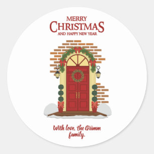 Christmas Red White wreath door  Classic Round Sticker