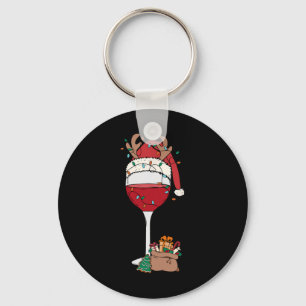 Christmas Red Wine Gl Santa Hat Reindeer Fun Xmas Key Ring
