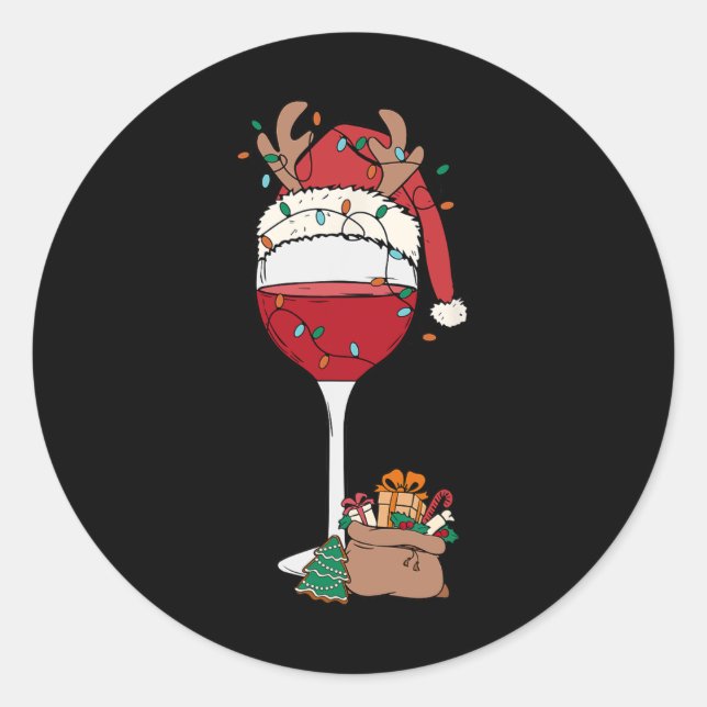 Christmas Red Wine Glass Santa Hat Reindeer Fun Xm Classic Round Sticker (Front)