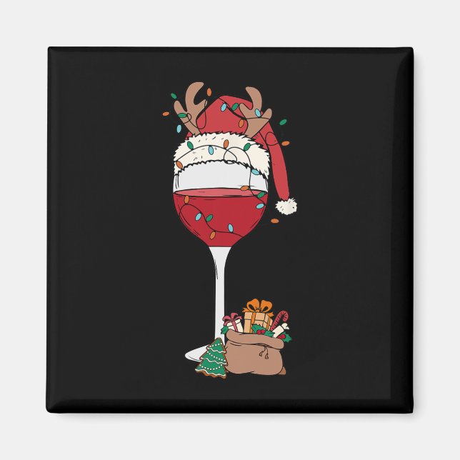 Christmas Red Wine Glass Santa Hat Reindeer Fun Xm Magnet (Front)