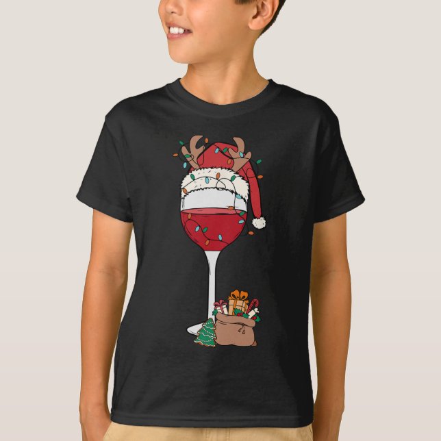 Christmas Red Wine Glass Santa Hat Reindeer Fun Xm T-Shirt (Front)