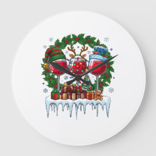 Christmas Red Wine Glasses Holly Wreath Snowman Ha Large Clock