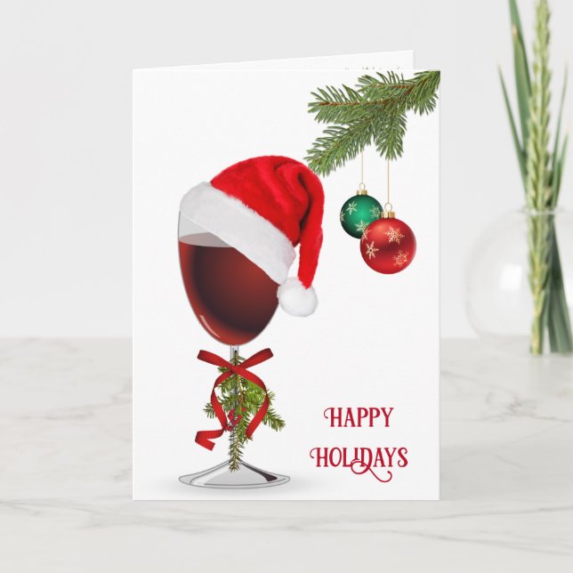 Christmas Red Wine With Santa Hat  Card (Front)