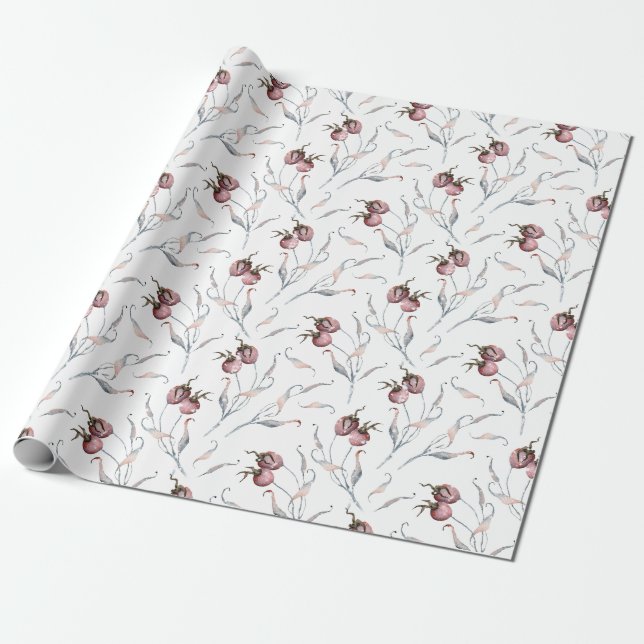 Christmas Red Winter Berries Watercolor Wrapping Paper (Unrolled)