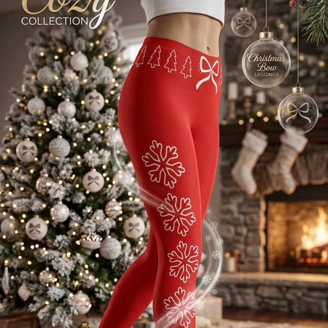 Christmas Red with Bow, Snowflakes and Trees Leggings (Christmas Red Leggings with Cute White Bow Snowflakes Holiday Winter Outfit.)