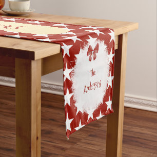 Christmas red with white stars and family name short table runner